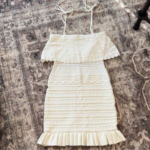 Ruffle Yoke Pointelle Short Dress (cream sweater knit body-con)